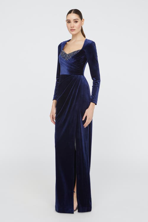 Theia Emerson Draped Stretch Velvet Column Gown In Blue