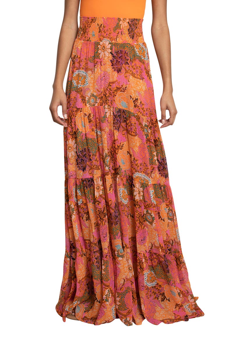 Sage Floral Print Pleat Silk Maxi Skirt, Main, color, PINK/ ORANGE MULTI