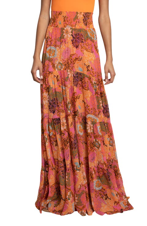Sage Floral Print Pleat Silk Maxi Skirt