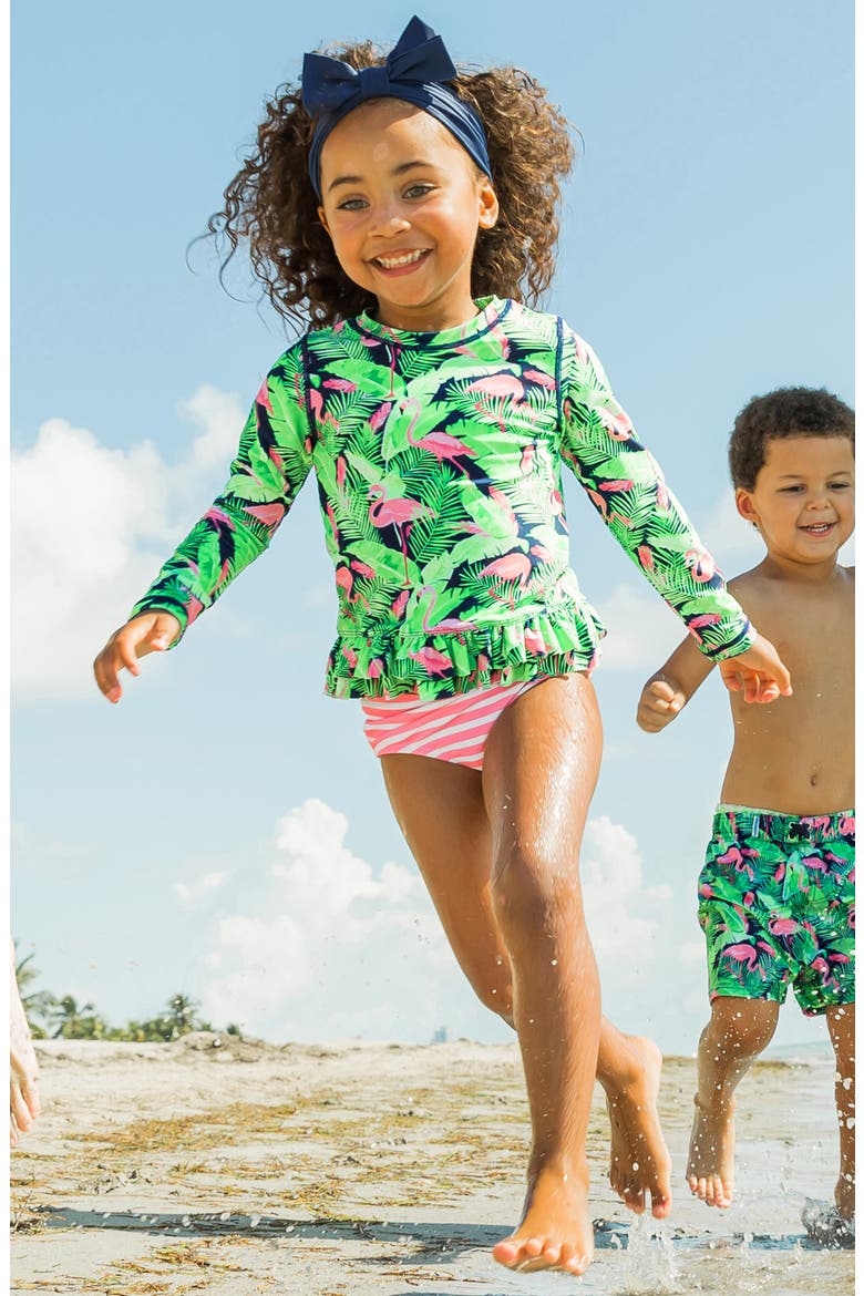 Kids' Long Sleeve Two-Piece Rashguard Swimsuit & Hat Set, Alternate, color, FLAMINGO FRENZY
