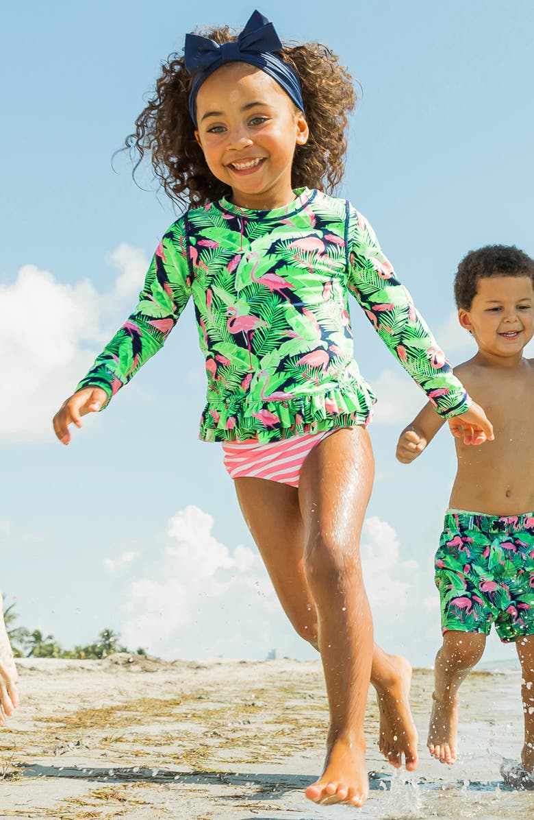 RuffleButts Kids' Long Sleeve Two-Piece Rashguard Swimsuit & Hat Set, Alternate, color, Flamingo Frenzy
