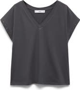 MANGO Stud Accent Cotton V-Neck T-Shirt