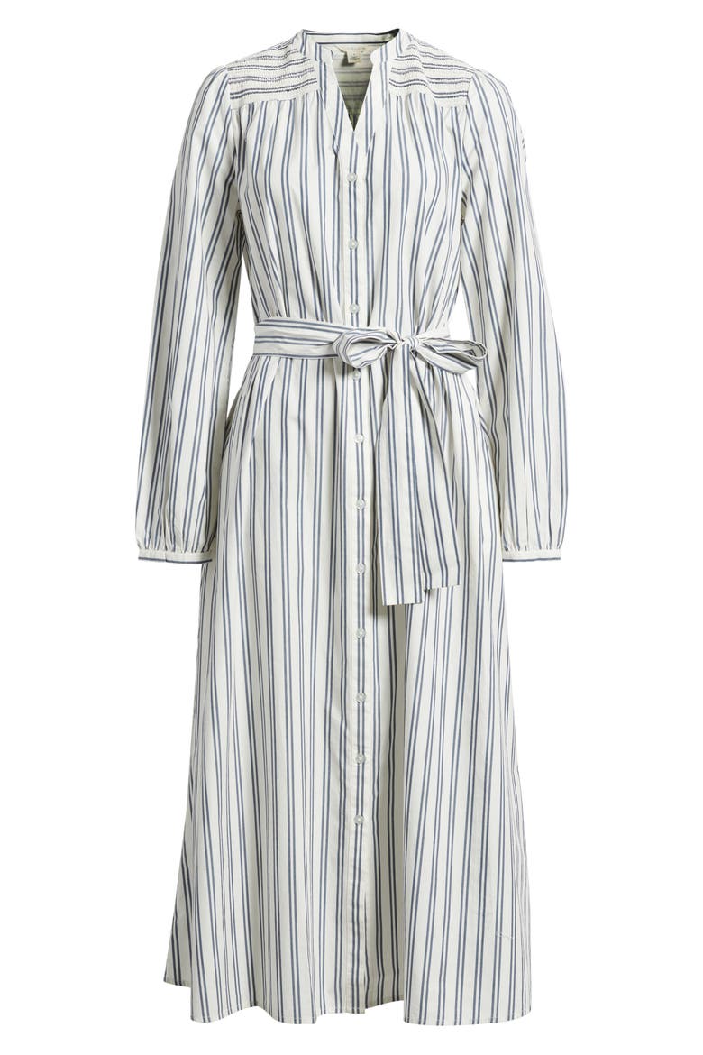 Smocked Shoulder Long Sleeve Cotton Midi Dress, Alternate, color, IVORY-BLUE ENSIGN SANDY STRIPE