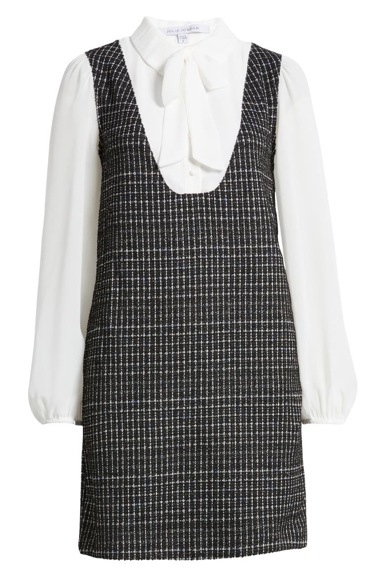 Mixed Media Long Sleeve Shift Dress, Alternate, color, BLACK WHITE
