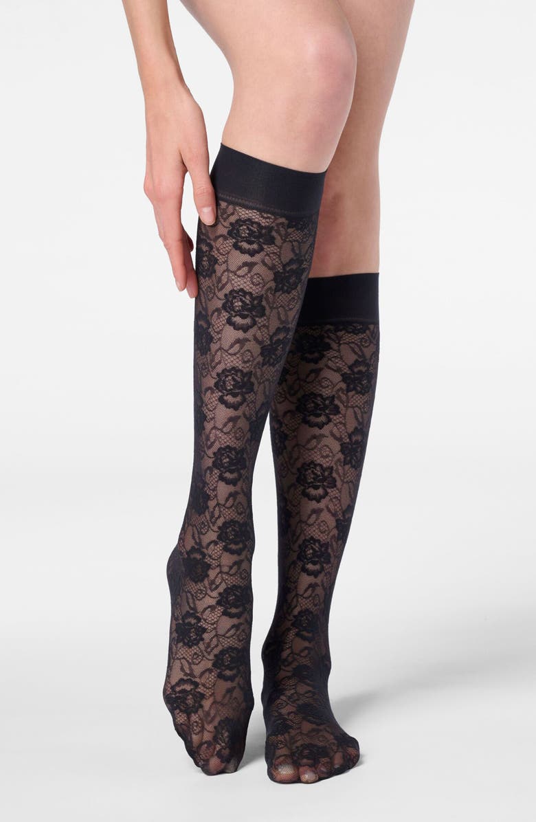 Oroblu Lace Allure Sheer Knee High Socks, Alternate, color, Black