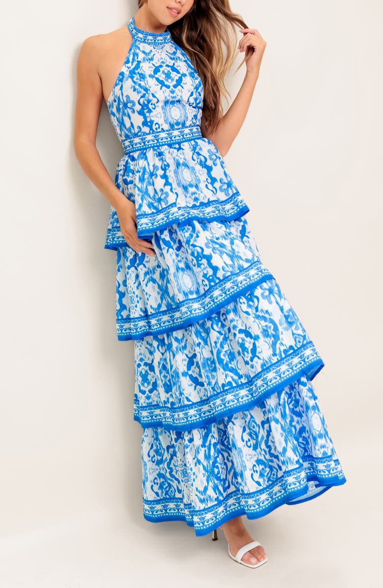 FLYING TOMATO Ikat Tiered Halter Maxi Dress, Alternate, color, Ivory Blue