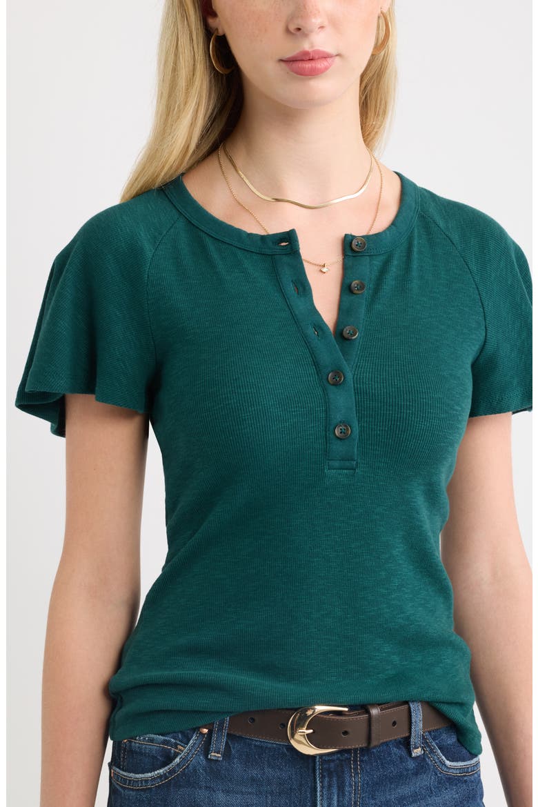 Flutter Sleeve Ribbed Henley, Alternate, color, GREEN PONDEROSA