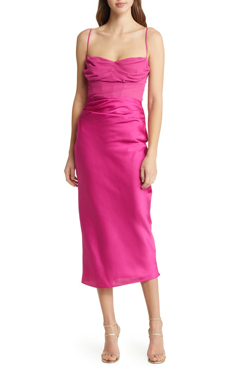 HOUSE OF CB Teia Satin & Georgette Corset Midi Dress, Main, color, Hot Pink