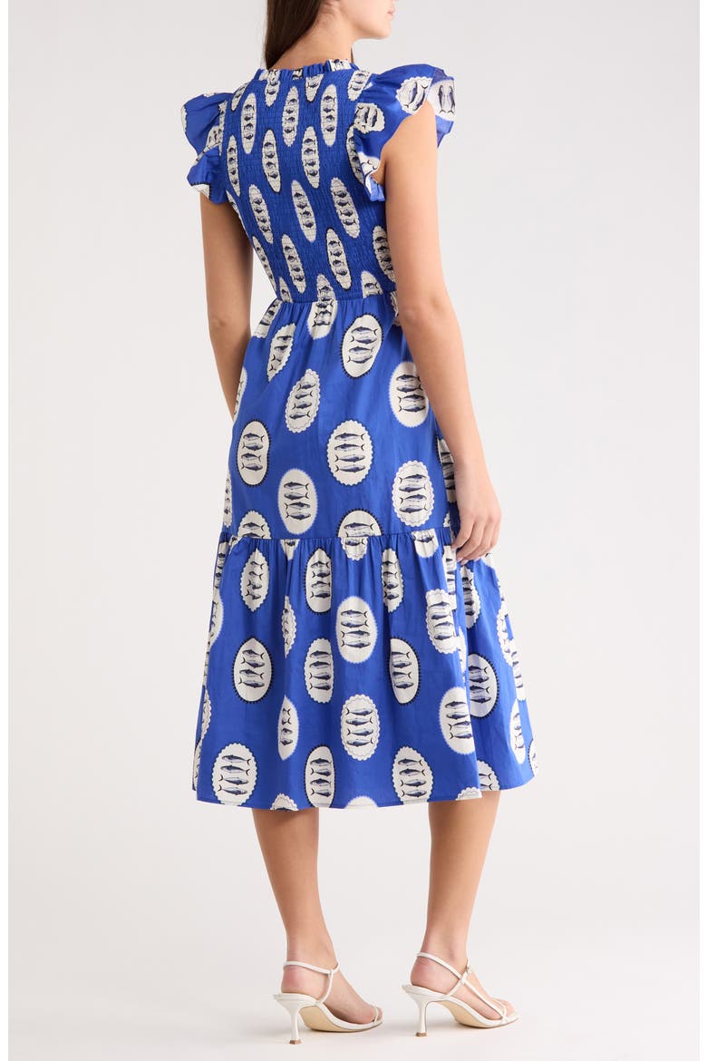 Sardine Sea Glare Smocked Midi Dress, Alternate, color, NAVY-CRM-BLK