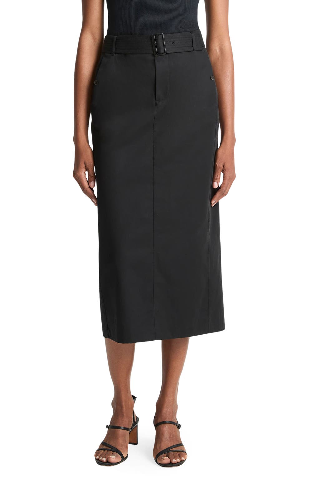 Belted Midi Pencil Skirt, color, BLACK