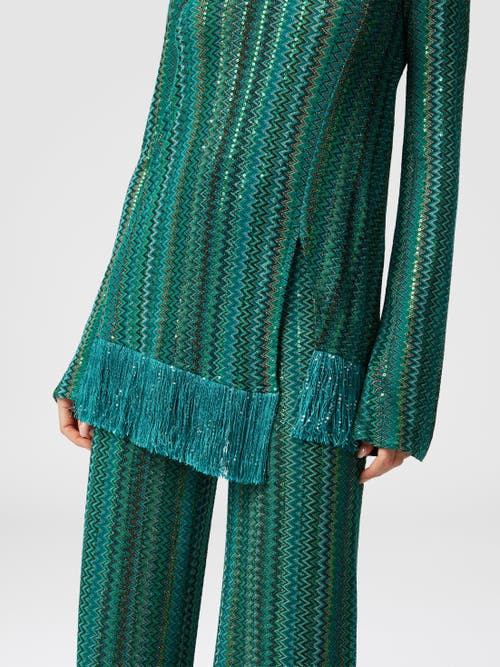 MISSONI MISSONI ZIG ZAG SWEATER WITH SEQUINS AND ASYMMETRICAL HEM WITH FRINGES