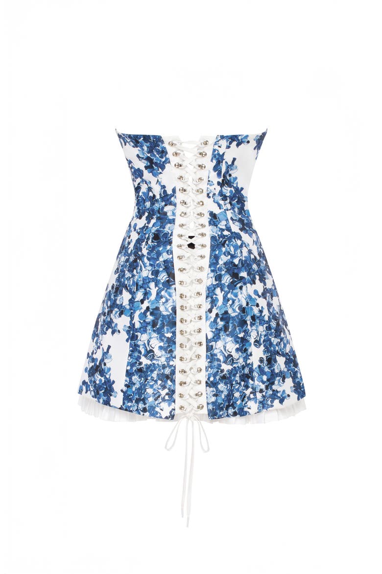 Strapless Corset Formal Occasion Mini Dress in Blue with Accent Lacing, Alternate, color, Blue Hydrangea