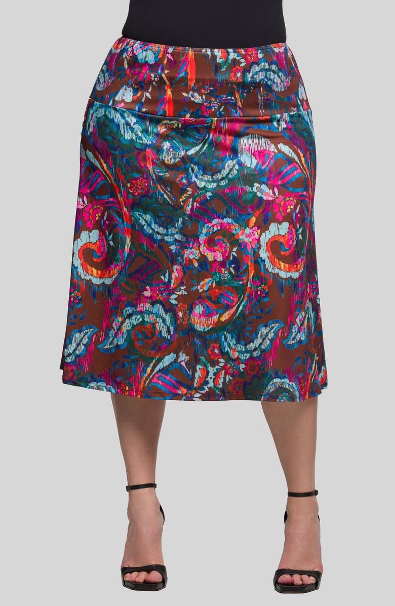 24seven Comfort Apparel Paisley Print Elastic Waist Midi Skirt, Main, color, Brown Multi