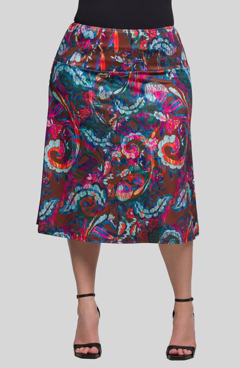 Paisley Print Elastic Waist Midi Skirt (Plus)