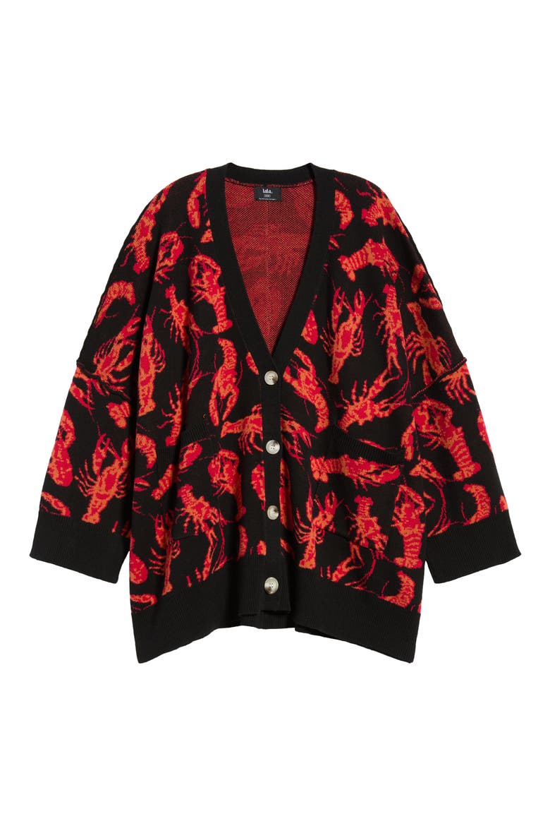 You're My Lobster Oversized Cardigan, Alternate, color, BLACK WITH RED LOBSTERS