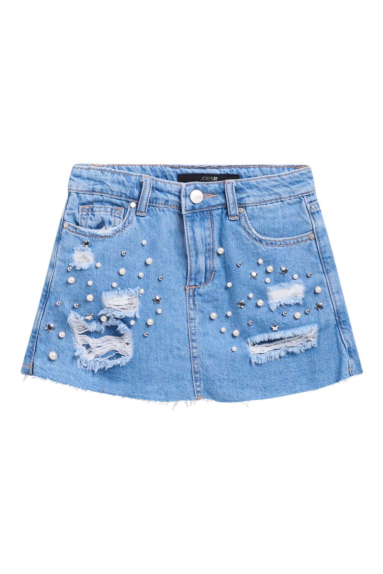 Kids' Imitation Pearl & Rhinestone Ripped Denim Skort, Main, color, LIGHT WASH