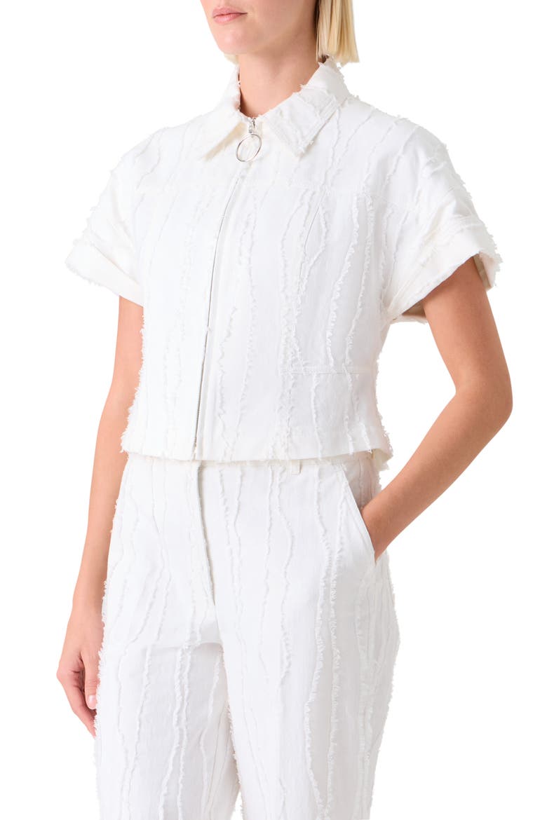 Crop Cotton Fringe Jacquard Zip Jacket, Alternate, color, CREAM