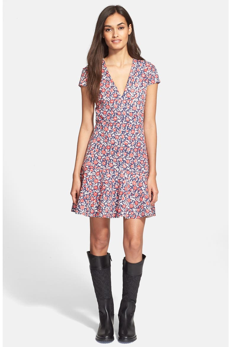 Cap Sleeve V-Neck Dress, Main, color, BIRCH CALICO