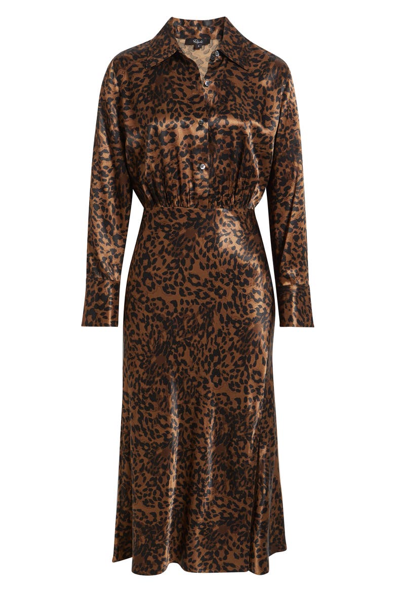 Jazlyn Leopard Long Sleeve Satin Midi Shirtdress, Alternate, color, GINGER SPOTTED