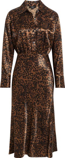 Rails Jazlyn Leopard Long Sleeve Satin Midi Shirtdress Nordstrom