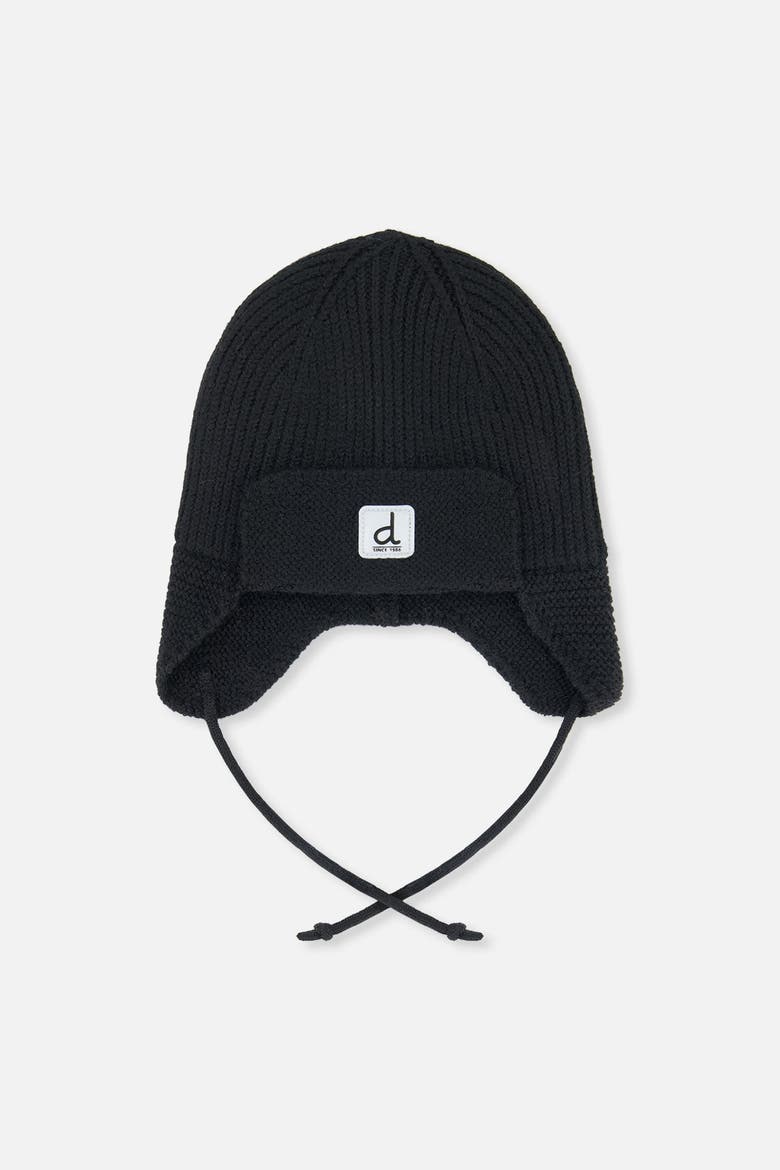 Fleece Lined Ear Flap String Winter Knit Hat, Main, color, Noir