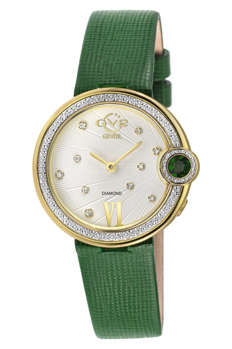 Perugia Diamond Leather Strap Watch, 33mm - 0.10 ctw, Main, color, GREEN