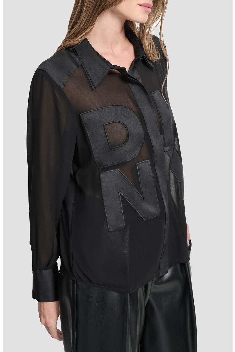 Chiffon Logo Sheer Button-Up Shirt, Alternate, color, BLACK