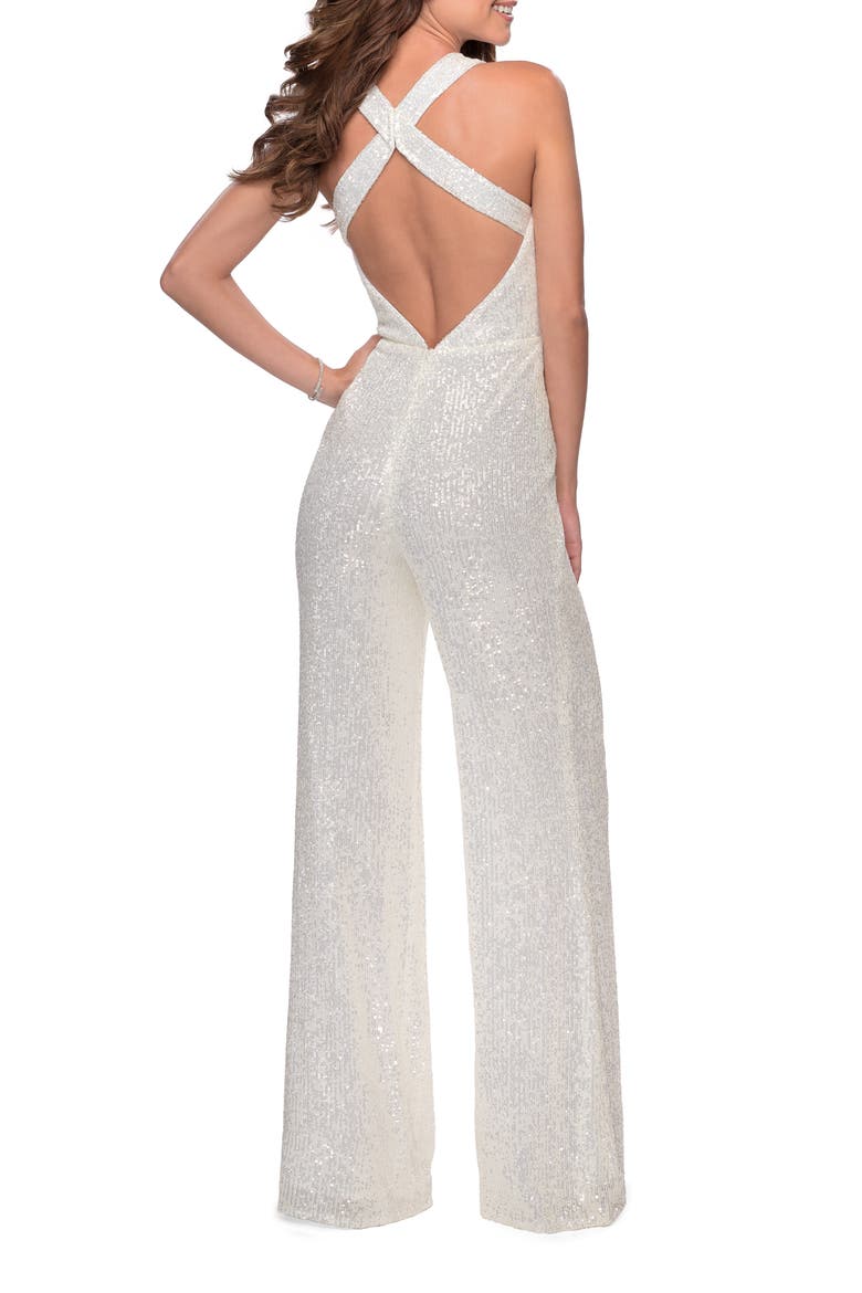 Long Sequin Jumpsuit with Criss Cross Back, Alternate, color, WHITE