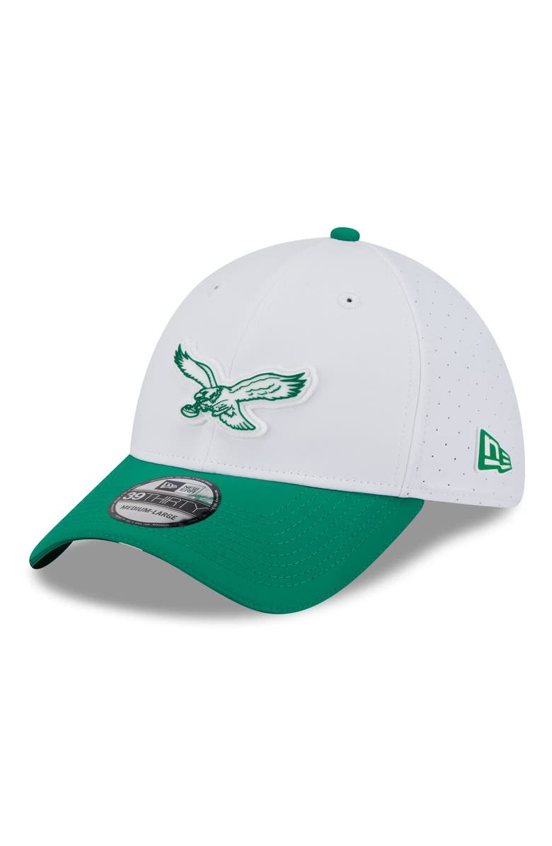 New Era Men's New Era  White/Kelly Green Philadelphia Eagles 2025 NFL Training Camp Throwback Logo 39THIRTY Flex Hat, Main, color, White