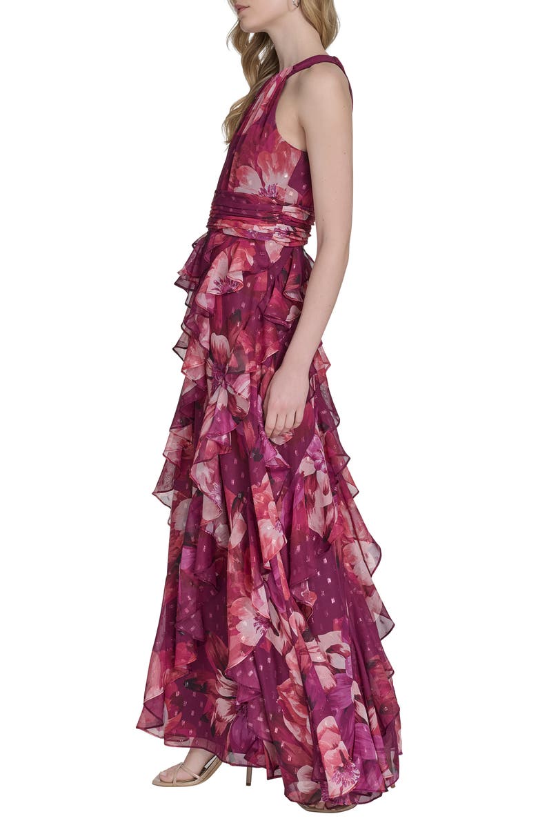 Eliza J Ruffle Metallic Clip Dot Sleeveless Maxi Dress, Alternate, color, Burgundy