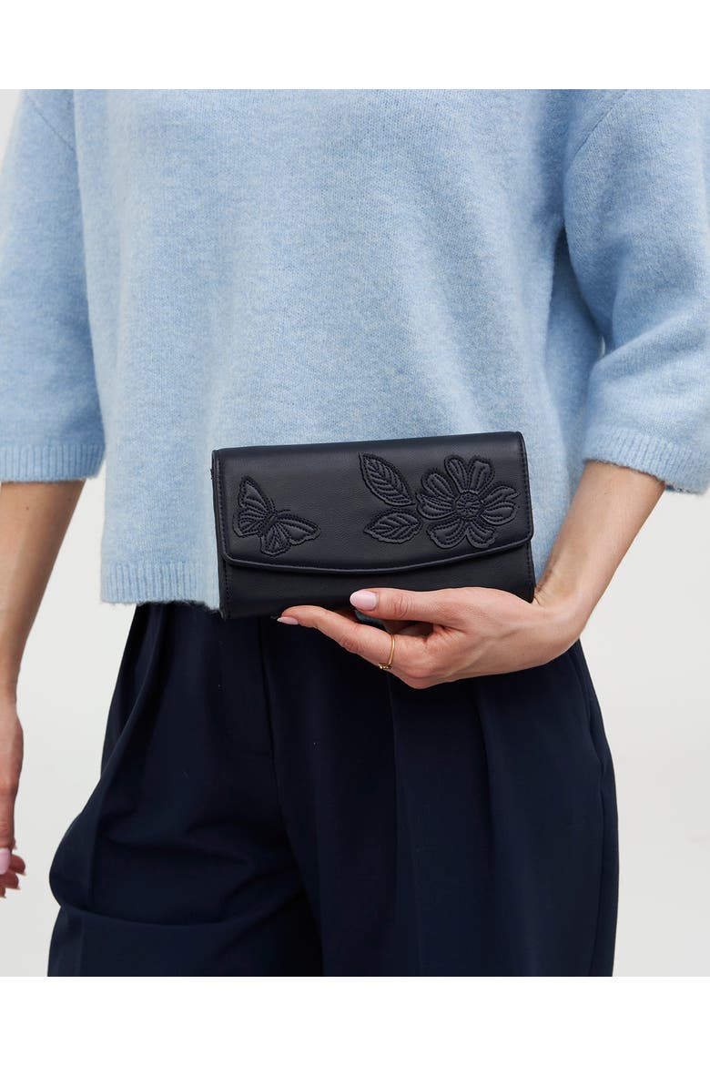 Floral Applique Long Wallet, Alternate, color, Navy