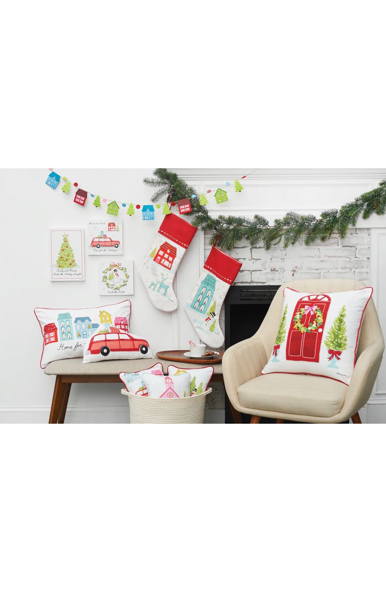 C&F Home Door Wreath Printed & Embellished Christmas Throw Pillow, 18" x 18", Alternate, color, Red