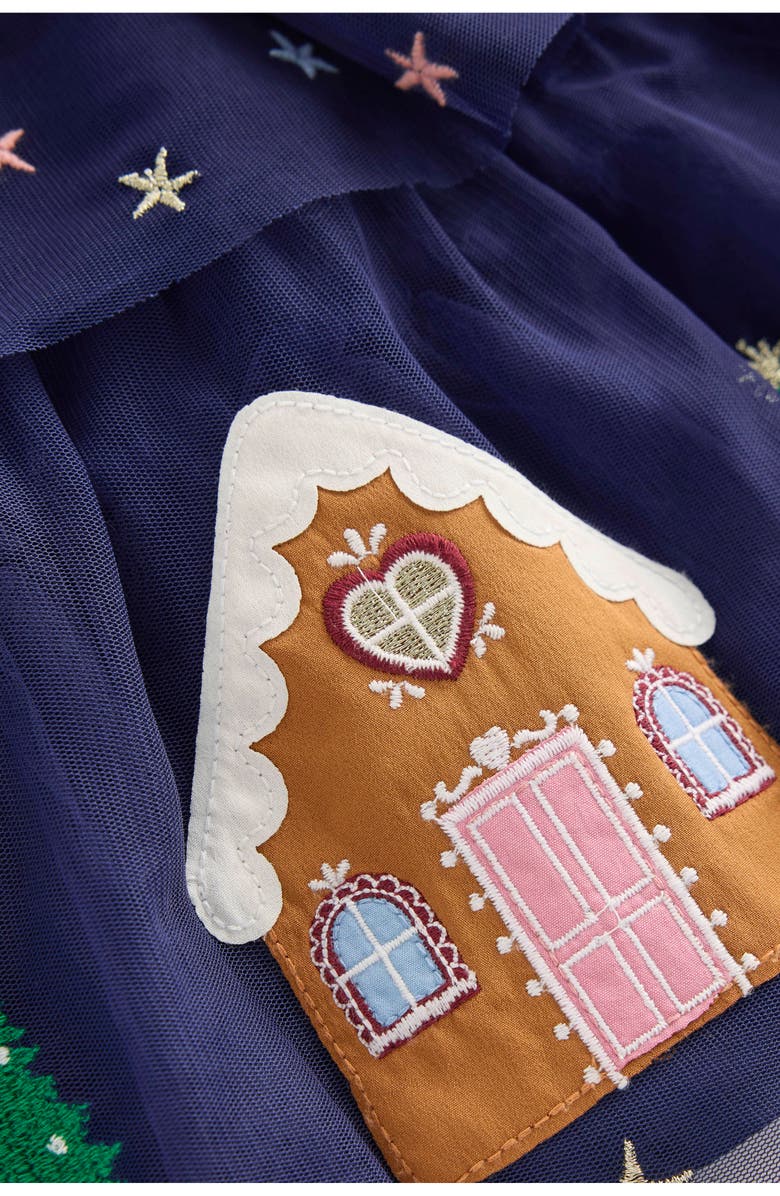 Mini Boden Kids' Gingerbread Embroidered Tiered Tulle Party Dress, Alternate, color, College Navy Christmas Motif