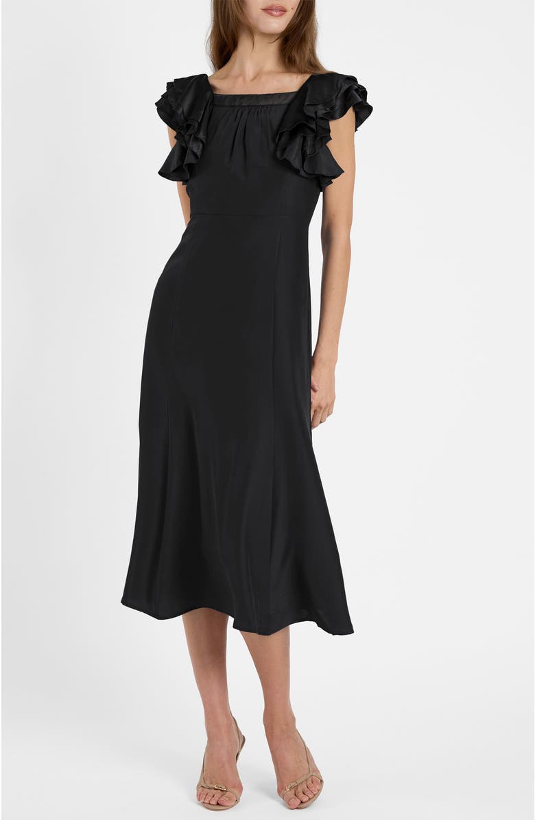 Santorelli Yeda Fit and Flare Midi Dress in Silk Crepe de Chine, Alternate, color, Black