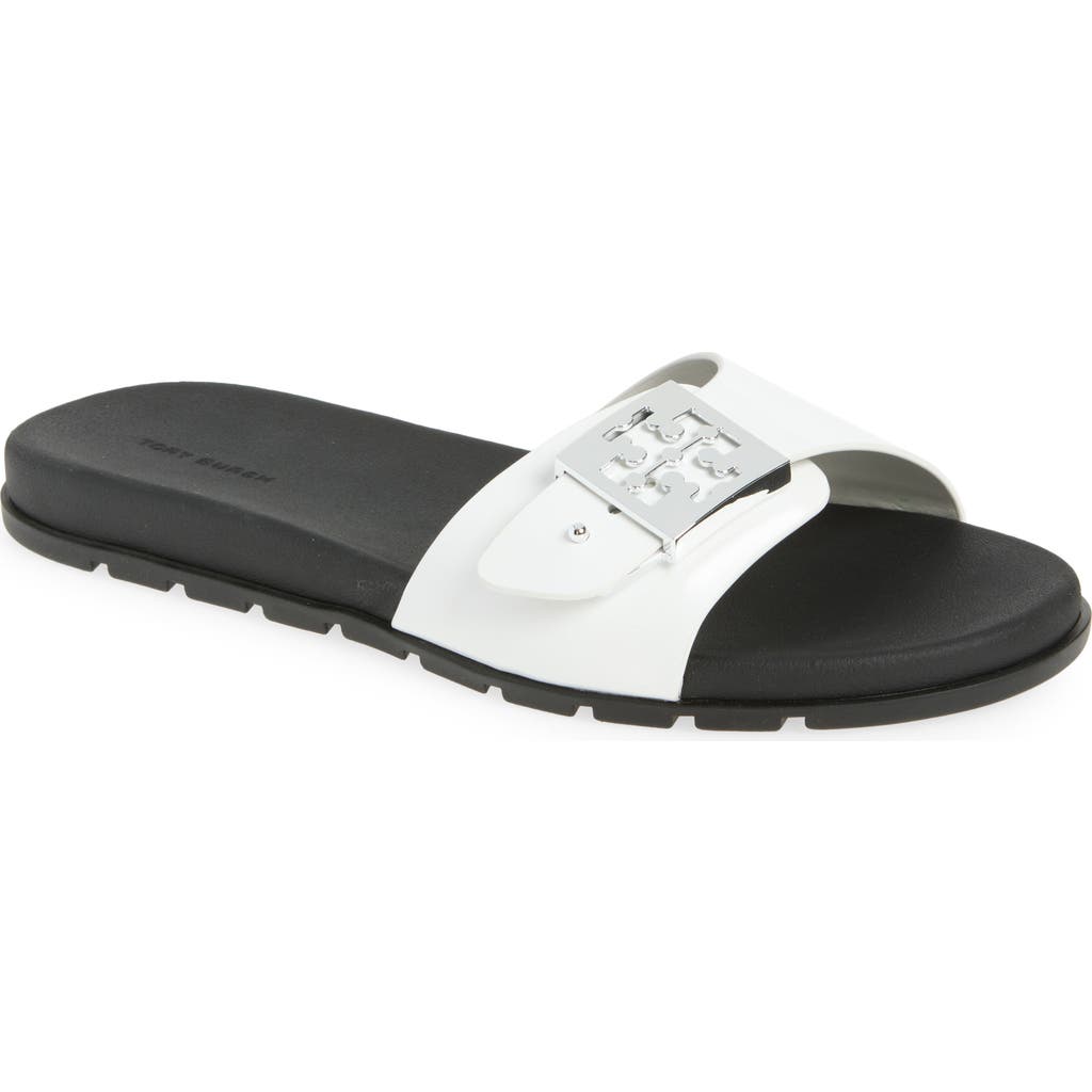 Tory Burch Buckle Slide Sandal in White/perfect Black/silver at Nordstrom, Size 6