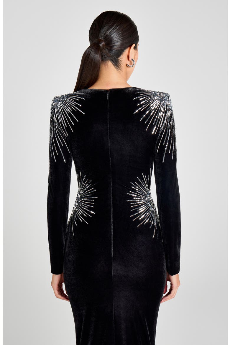 Ellie Embellished Starburst Velvet Midi Dress, Alternate, color, BLACK