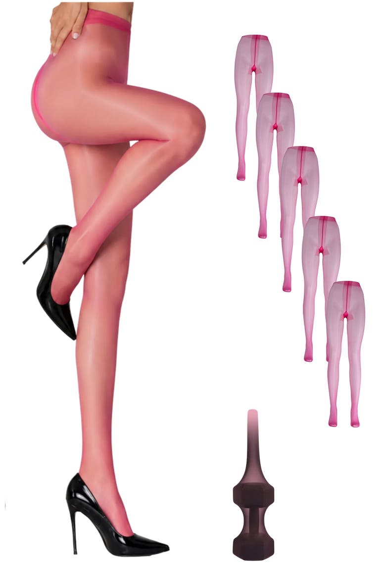 5-Pack Glossy Semi-Sheer Opaque Ladder Resistant Party Evening Tights for Women, Main, color, Pink