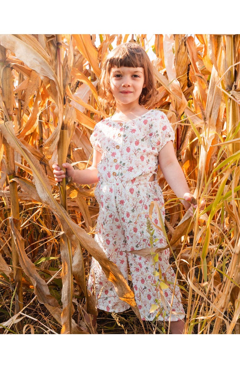 Deux par Deux Girl's Printed Seersucker Jumpsuit With Cut Outs Pink Flowers On Cream Background, Alternate, color,