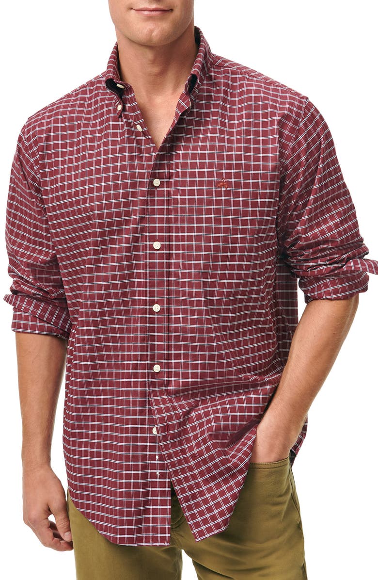 Brooks Brothers Non-Iron Check Cotton Stretch Oxford Cloth Button-Down Shirt, Main, color, 