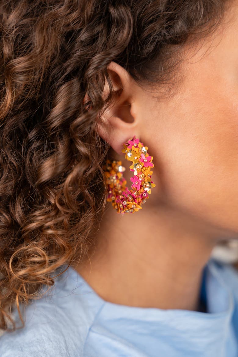 Sequin Flower Creole Statement Earrings in Sunset Mix, Alternate, color, Sunset Mix