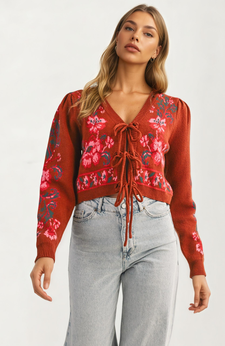 Knit and Lounge Floral Knit Tie Front Cardigan, Main, color, Rust / Pink Floral