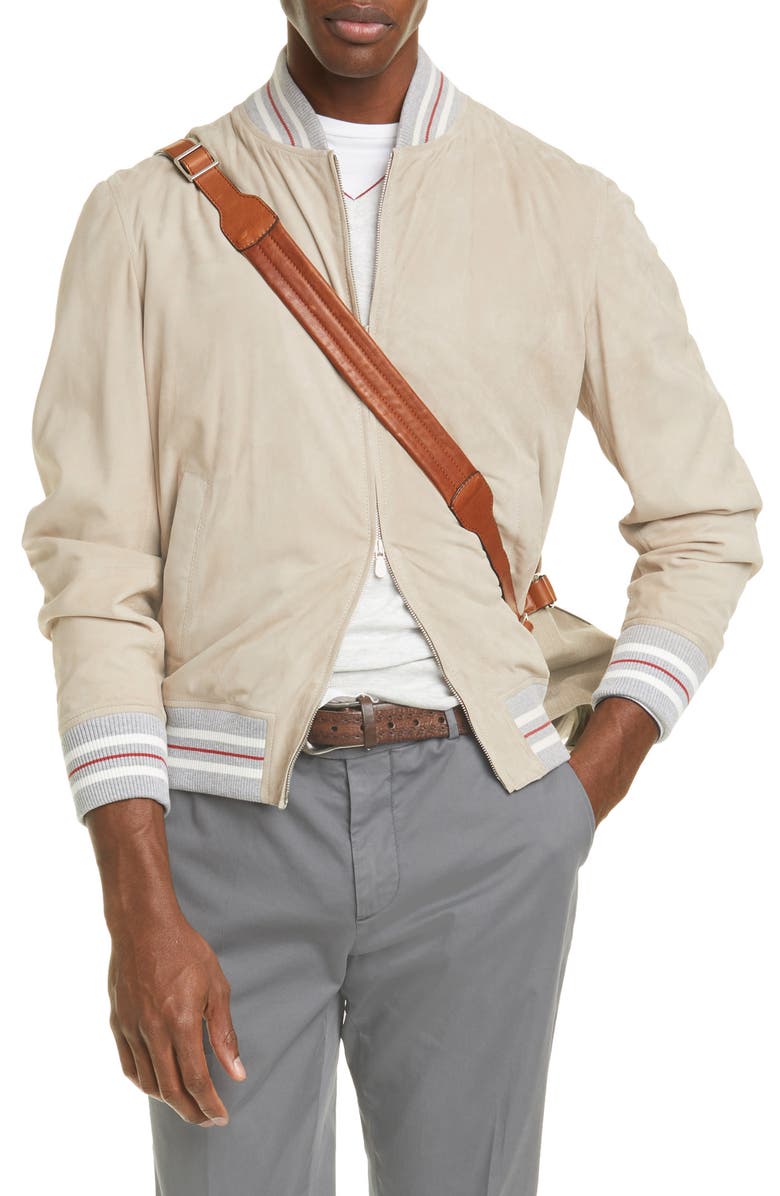 Brunello Cucinelli Suede Bomber Jacket, Main, color, 