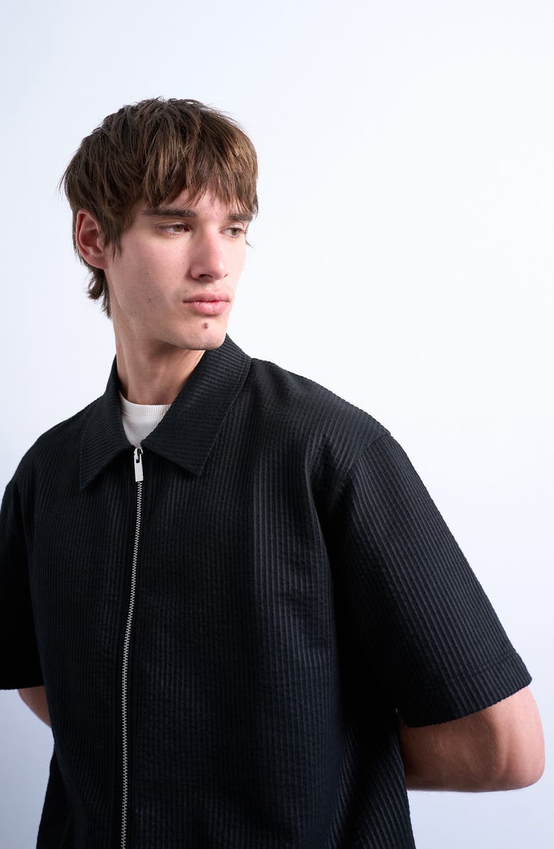 Topman Seersucker Zip-Up Shirt, Alternate, color, Black