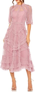Mac Duggal Women's High Neck Puff Sleeve Ruffle Tiered Dress