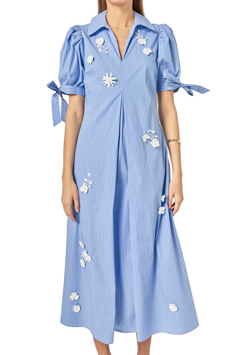 Flower Trim Striped Midi Dress, Alternate, color, BLUE STRIPE