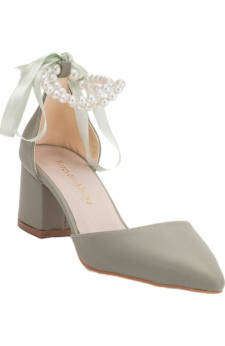 Forever & Always Shoes Miranda Low Block Heels with Pearls, Main, color, Sage Green Faux Leather