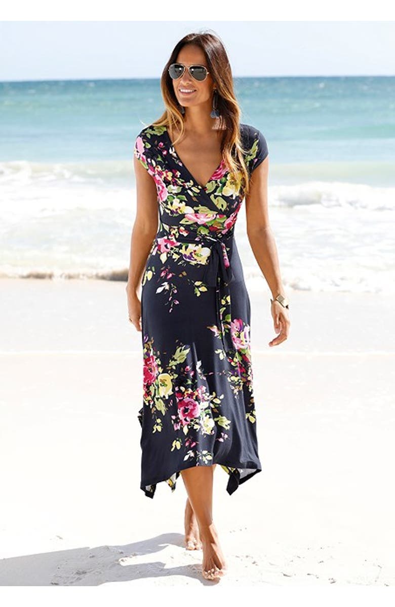 LASCANA Women's Handkerchief Hem Dress, Alternate, color, Navy Printed