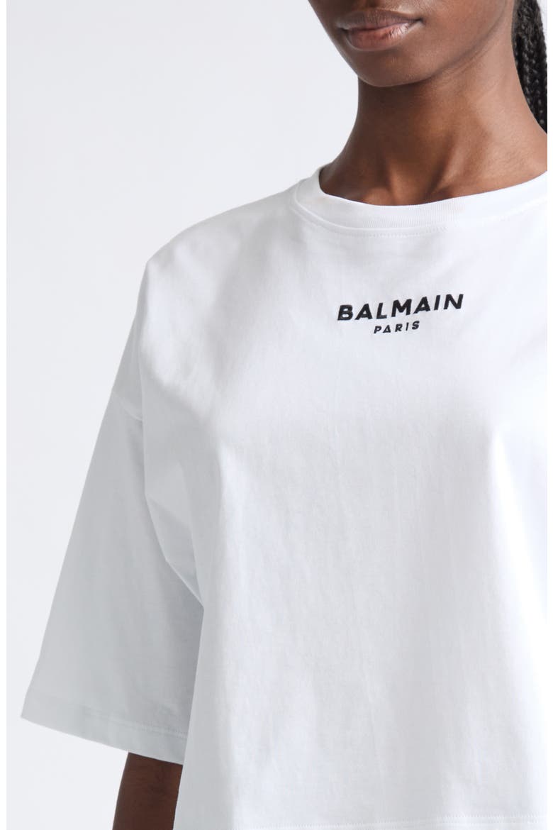 Crop Embroidered Balmain Paris Cotton T-Shirt, Alternate, color, GAB WHITE/ BLK