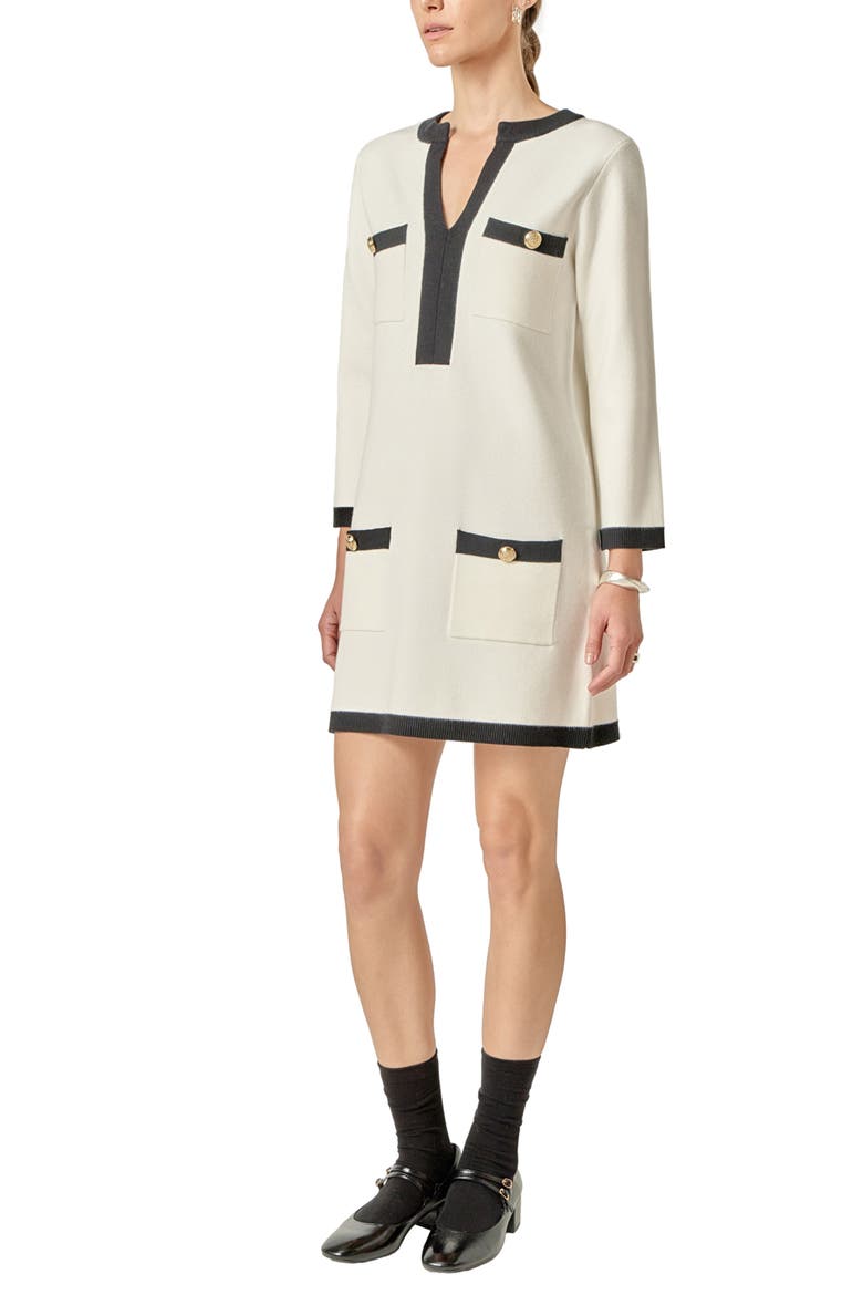 Contrast Detail Mini Sweater Dress, Alternate, color, WHITEBLACK