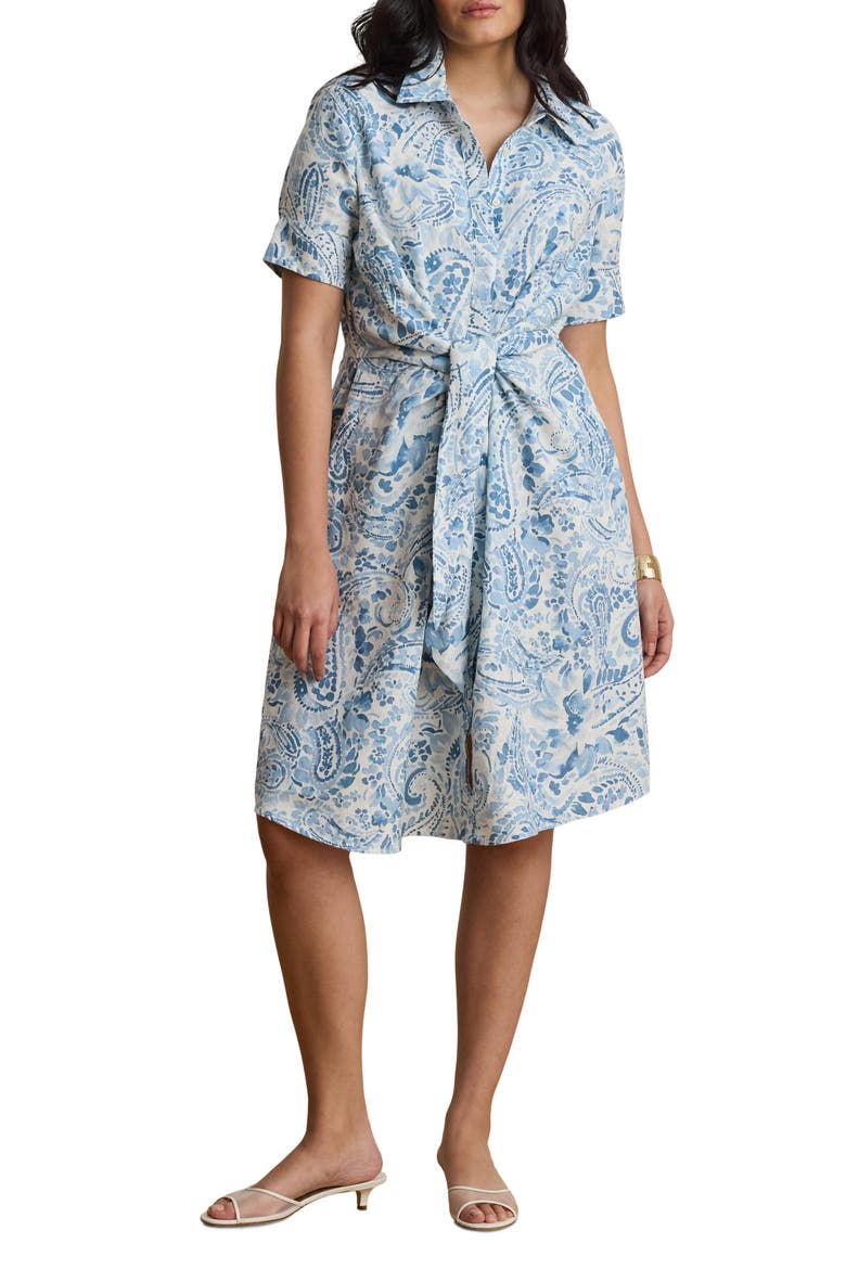 Paisley Print Linen Shirtdress, Main, color, WHITE/ BLUE